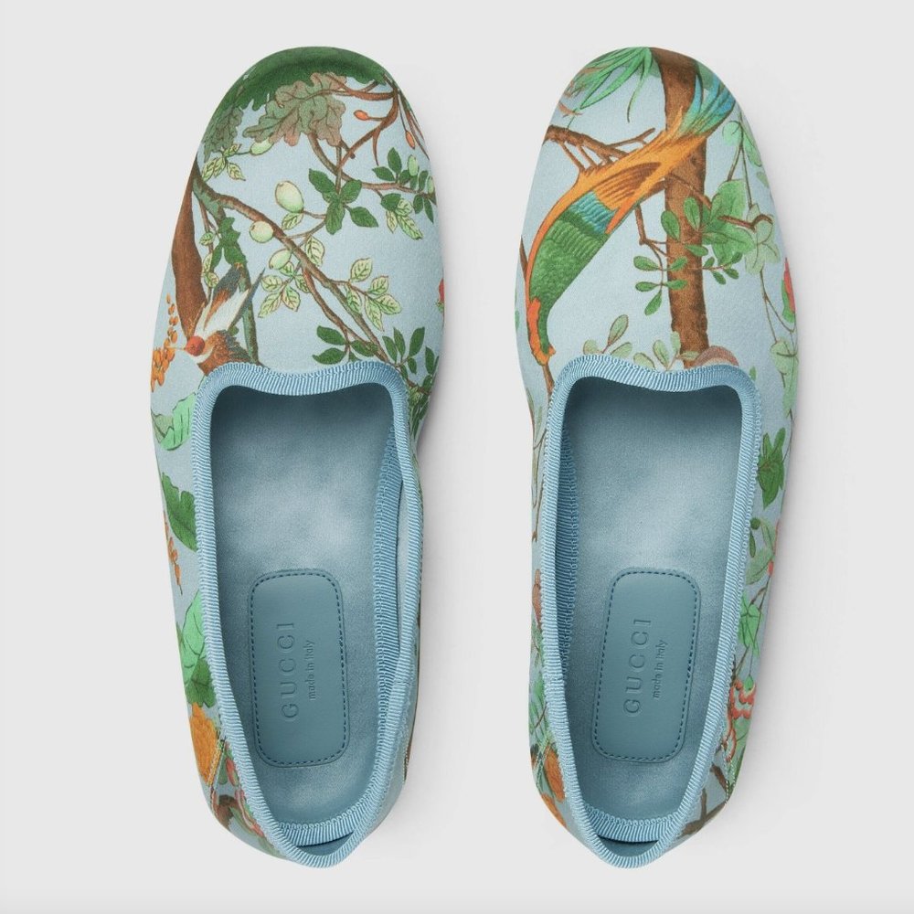GUCCI SHOES ECO TIAN PRINT LT BLUE SATIN SLIPPER FLATS size 39 (US 9)